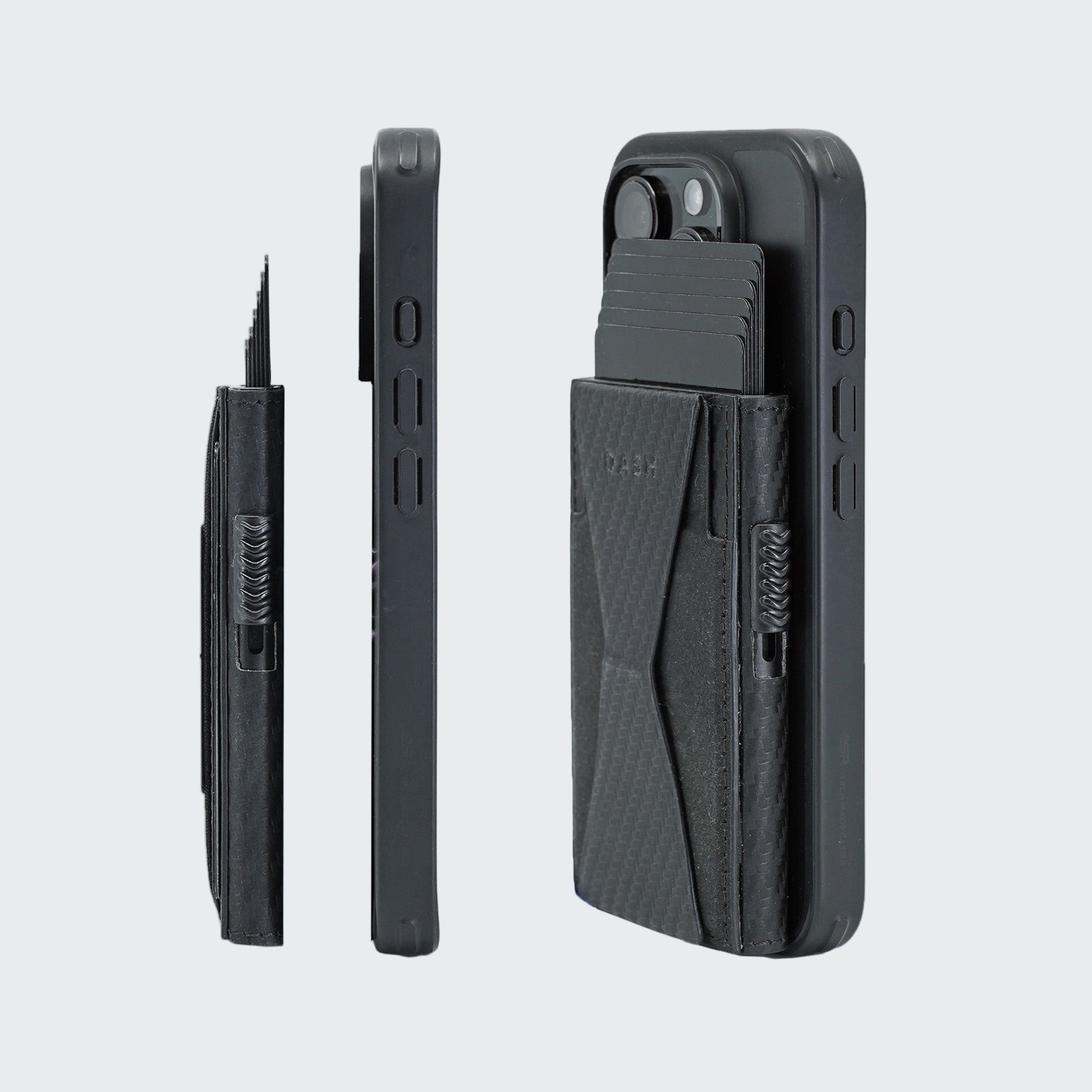 Black phone case with additional compartments on a light gray background