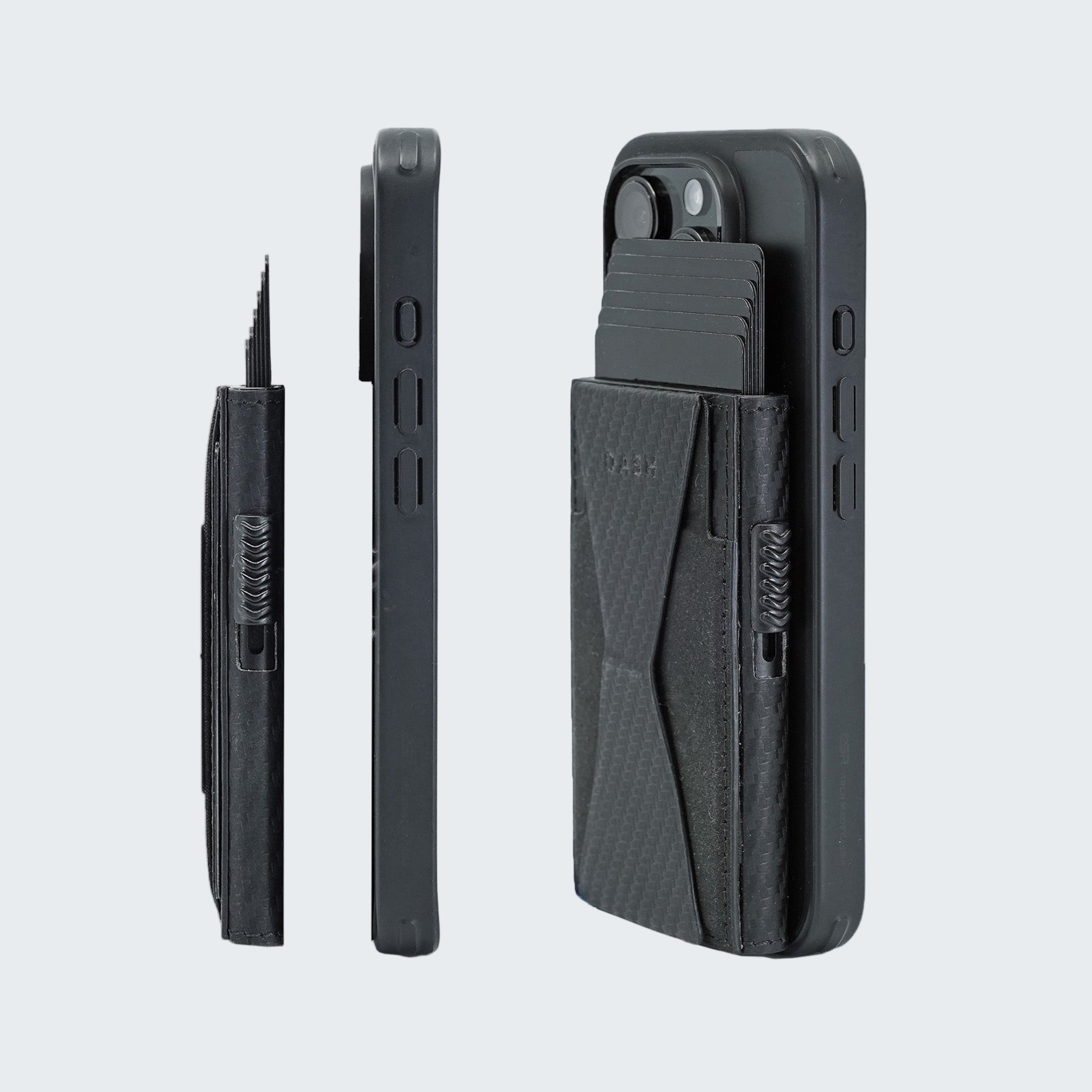 Black phone case with additional compartments on a light gray background