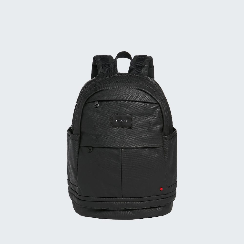 Black backpack with 'STATE' logo on a white background