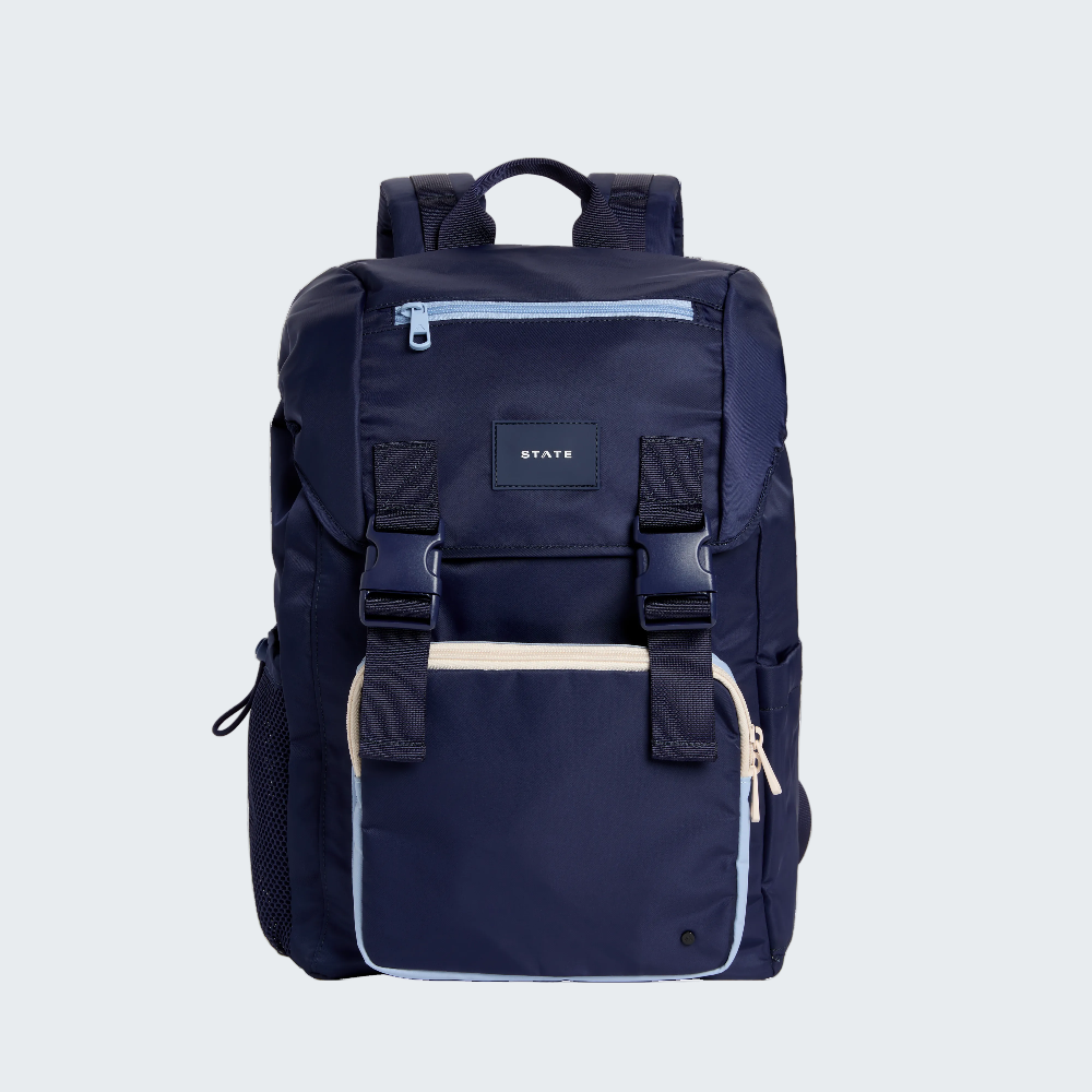Navy blue backpack with visible brand logo on a white background