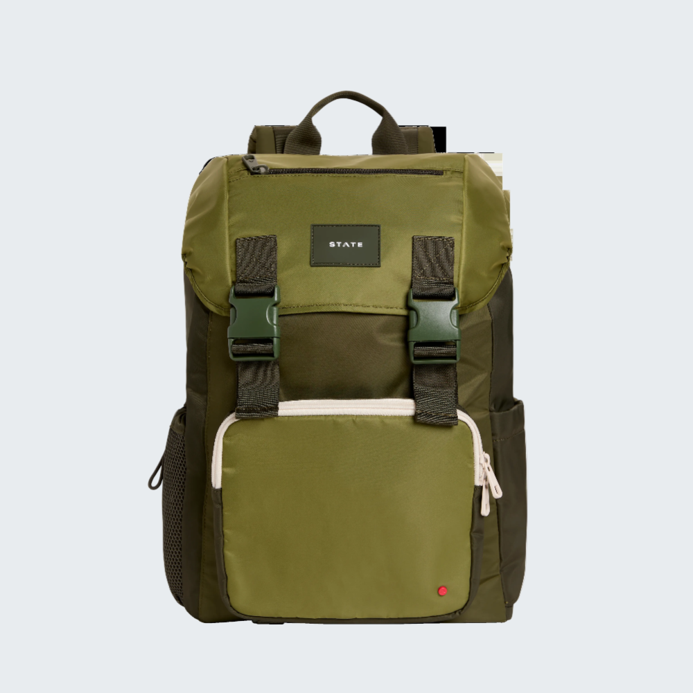 Green backpack with black straps on a white background