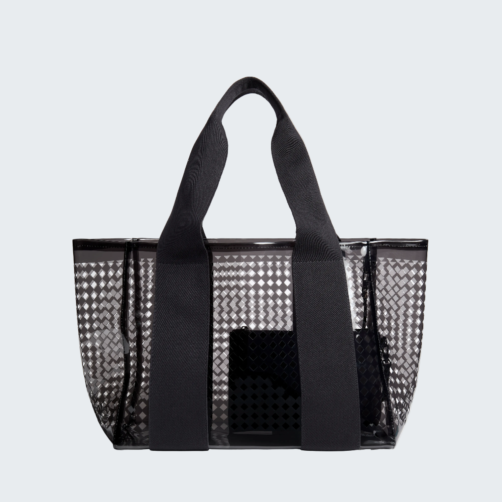 Black mesh tote bag on a white background