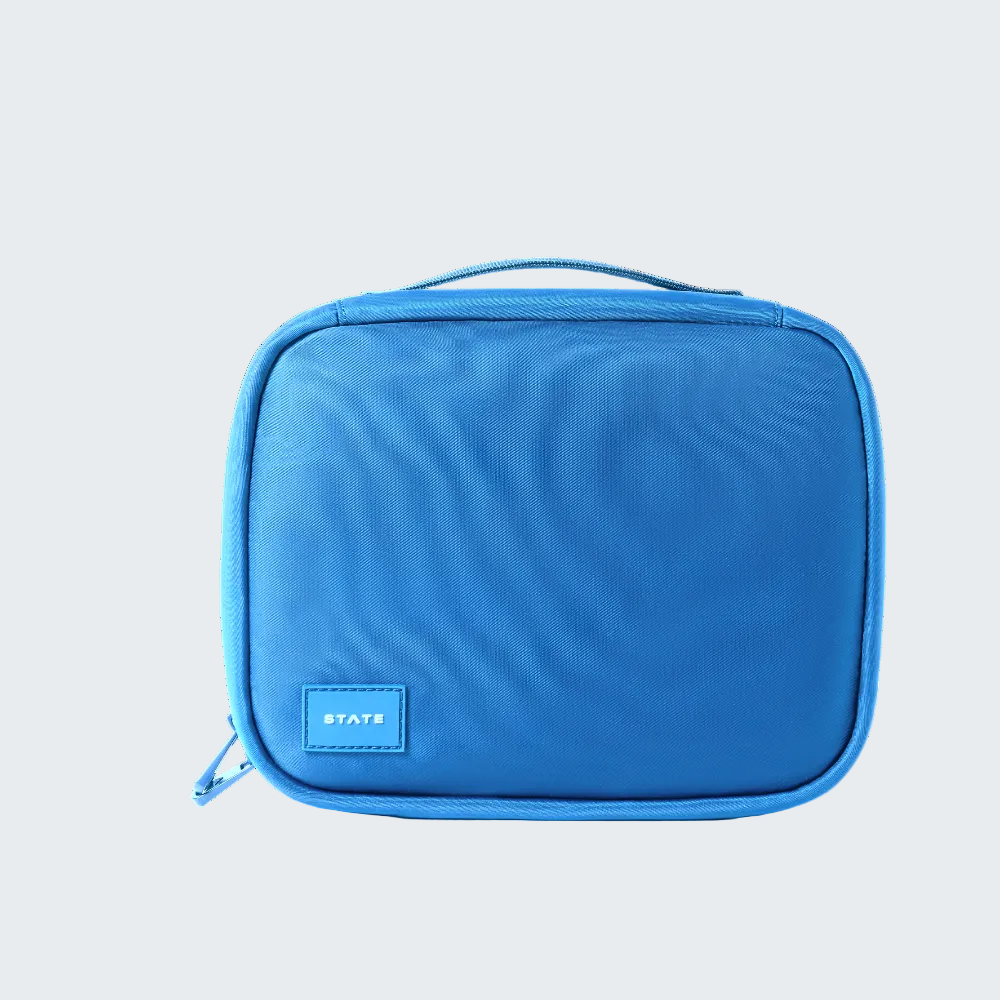 Blue rectangular pouch with a strap on a white background