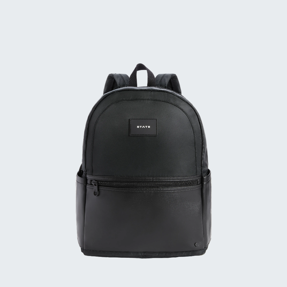 Black backpack with a visible brand logo on a white background