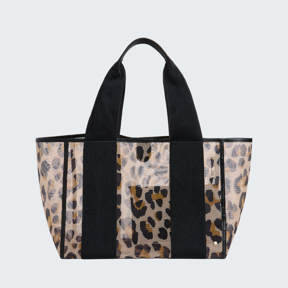 Tote bag with leopard print pattern and black accents on a white background