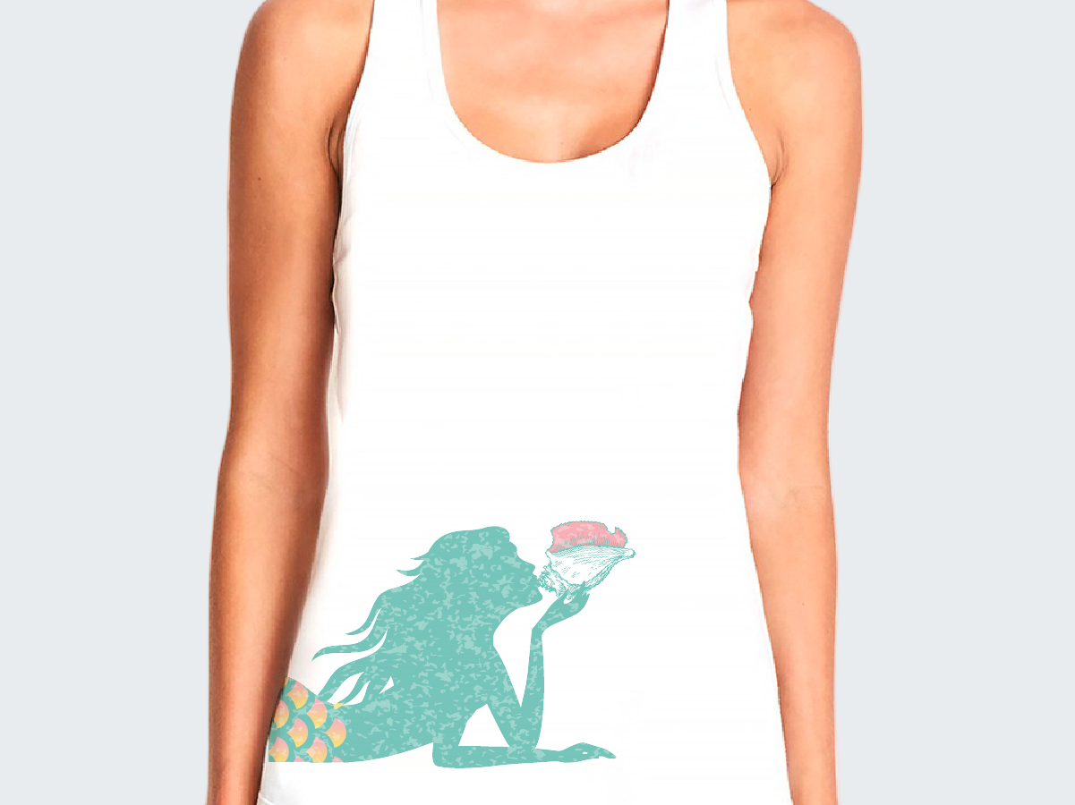White tank top with a mermaid graphic worn by a person on a white background