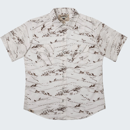 Short-sleeve shirt with hunting-themed pattern on a white background
