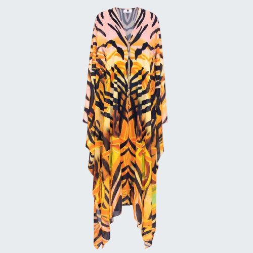 Long sleeve dress with a colorful abstract pattern on a white background