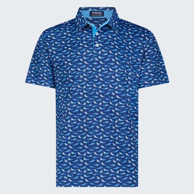 Blue patterned polo shirt on a white background