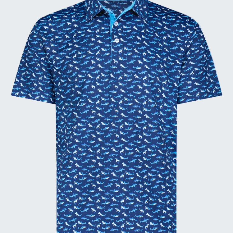 Blue patterned polo shirt on a white background