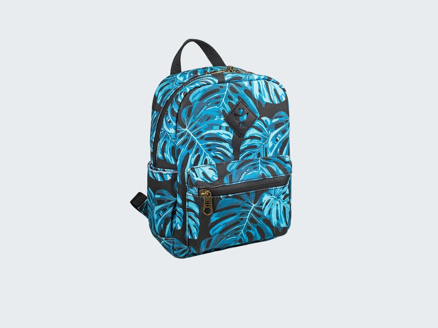 Blue backpack with leaf pattern on a white background