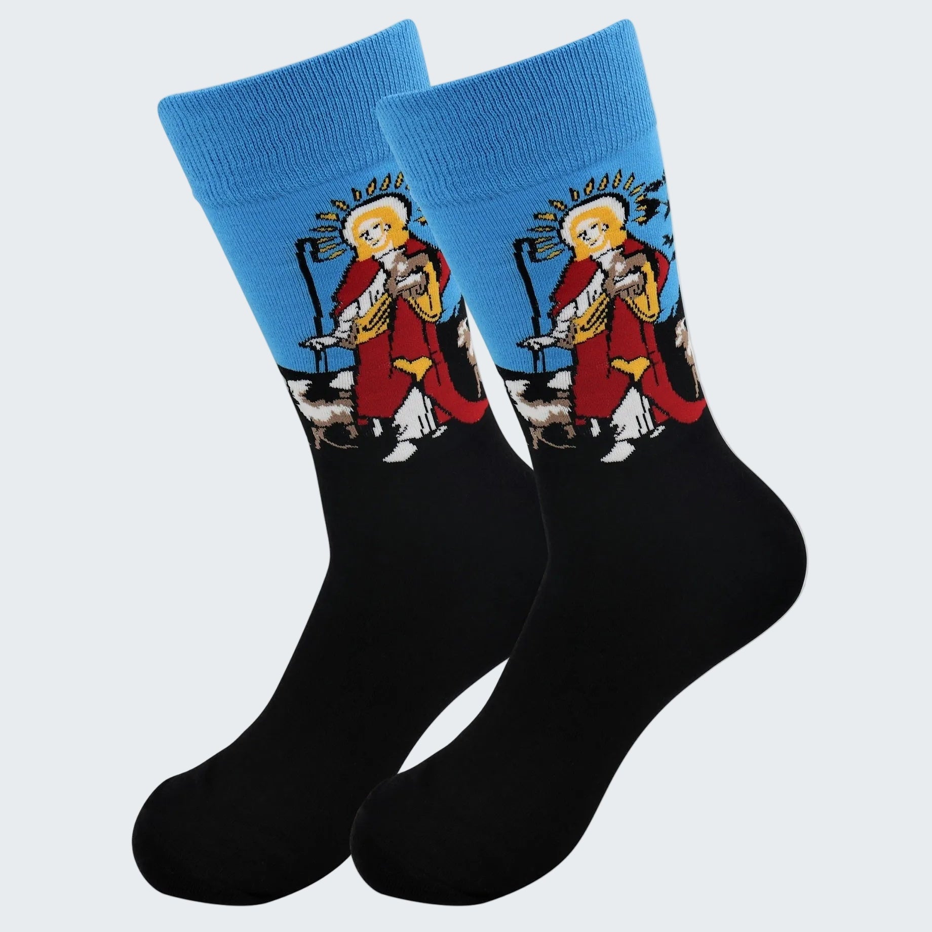 Black socks with blue tops featuring a tarot card design on a white background