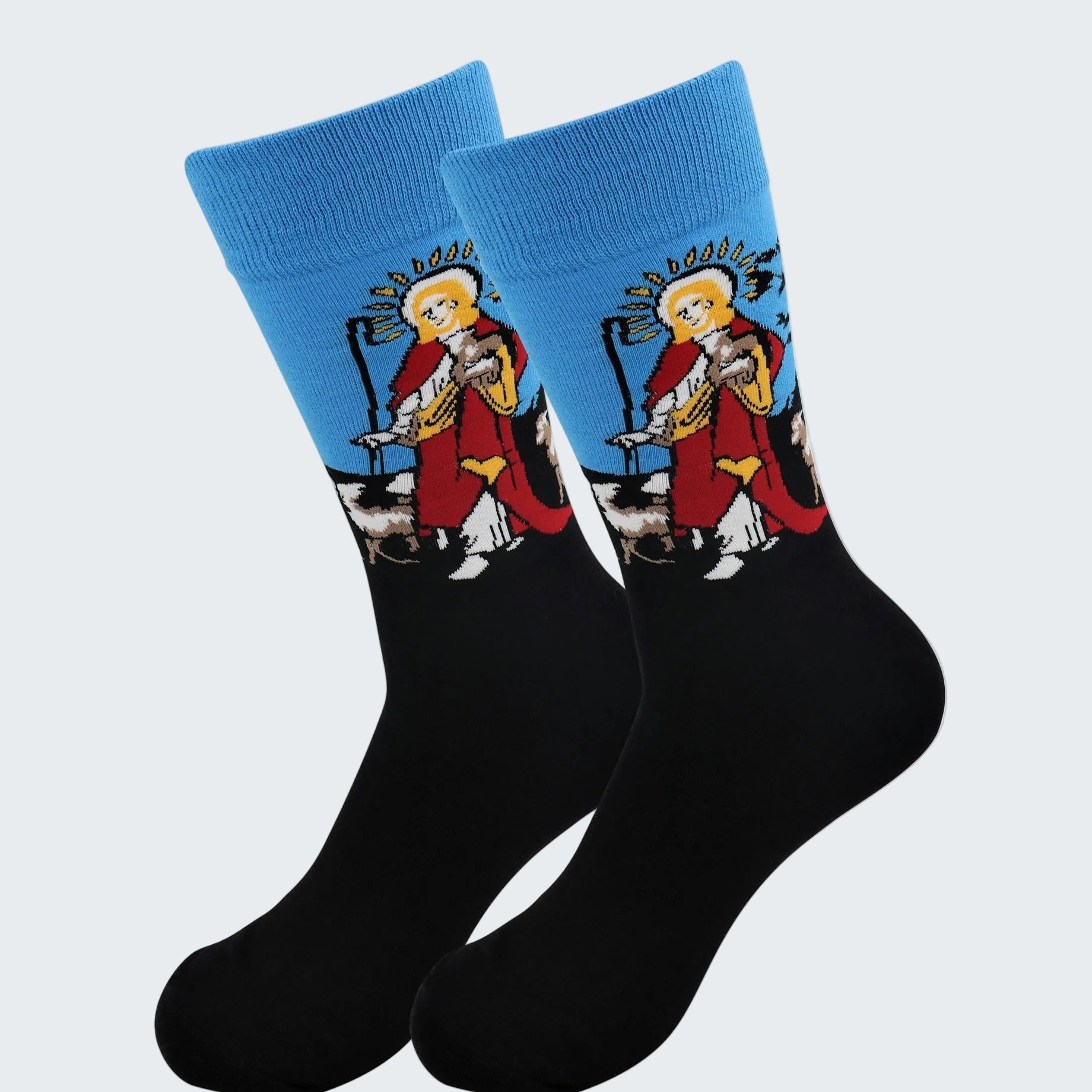 Black socks with blue tops featuring a tarot card design on a white background