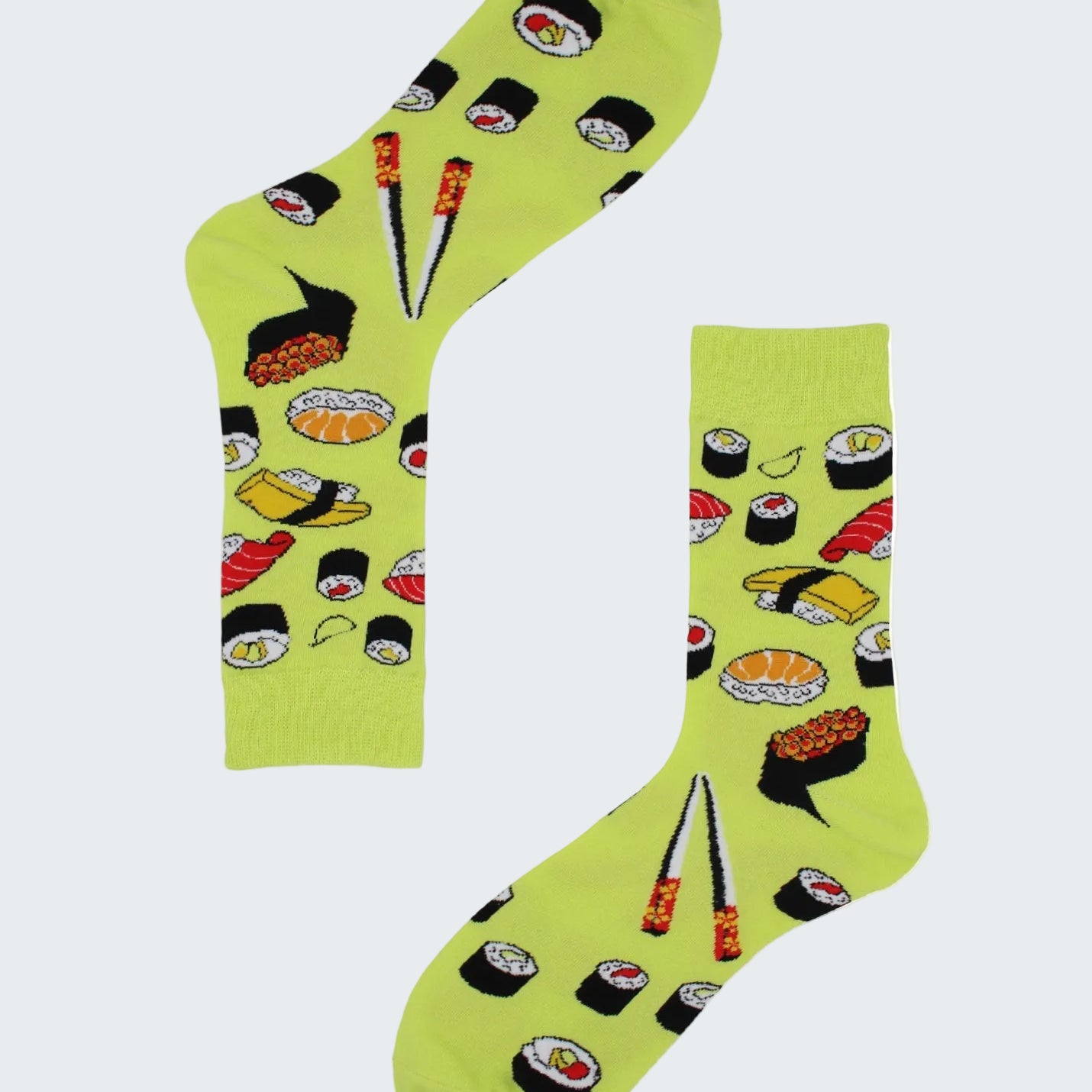 Socks with sushi design on a white background