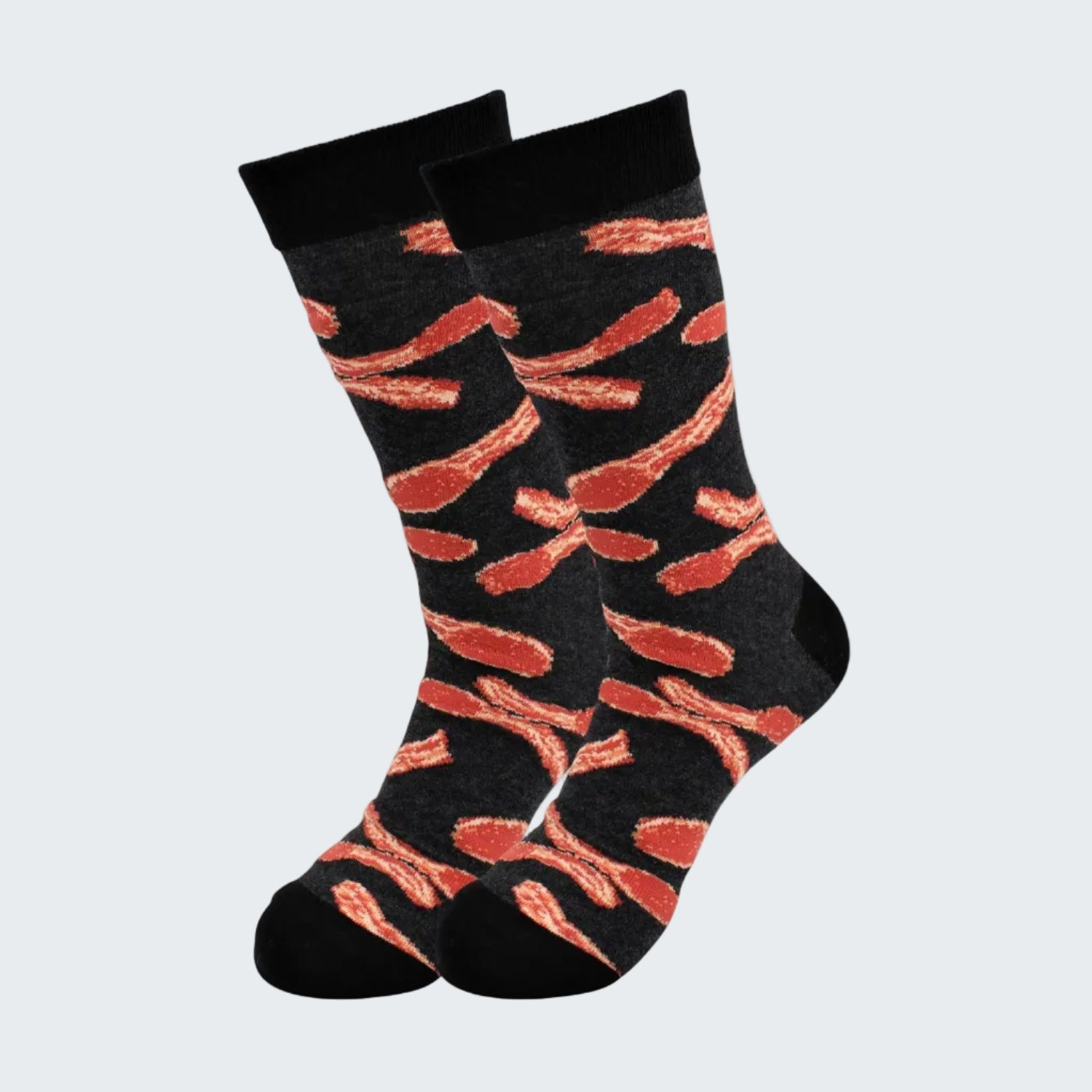 Black socks with red abstract pattern on a white background