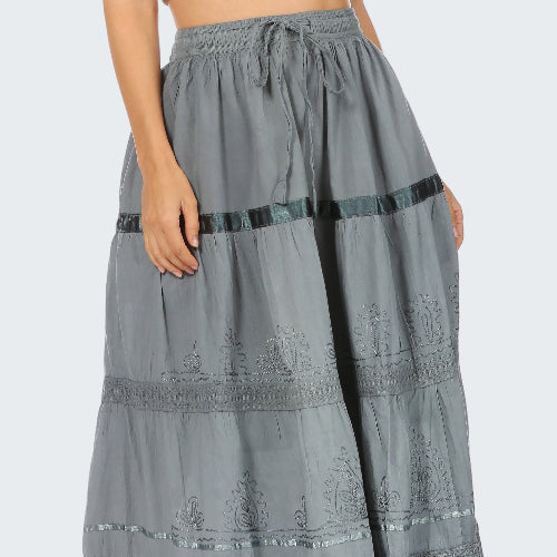 Gray embroidered maxi skirt on a white background