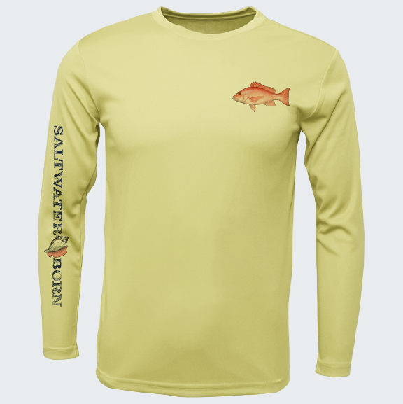 Yellow long-sleeve shirt with fish design and 'Saltwater Born' text on a white background