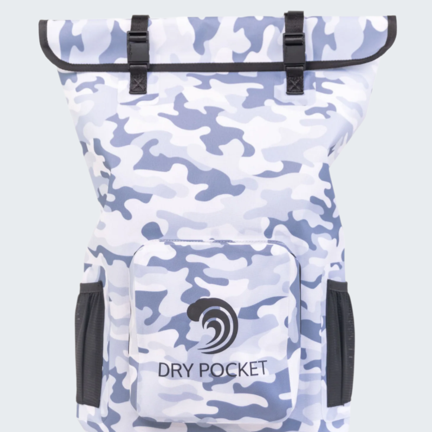 Camouflage-patterned backpack with 'Dry Pocket' branding on a white background