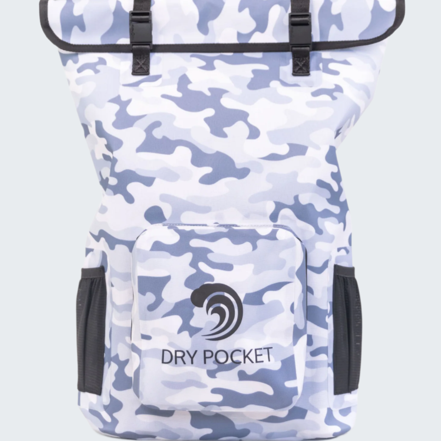 Camouflage-patterned backpack with 'Dry Pocket' branding on a white background