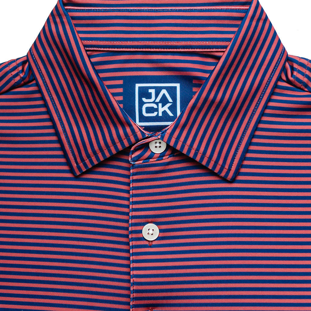 Red and blue striped polo shirt with a brand logo on a white background