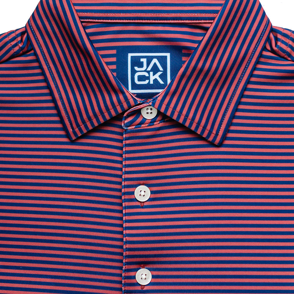 Red and blue striped polo shirt with a brand logo on a white background
