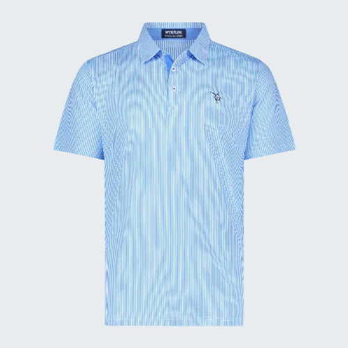 Blue striped polo shirt with a small logo on a white background