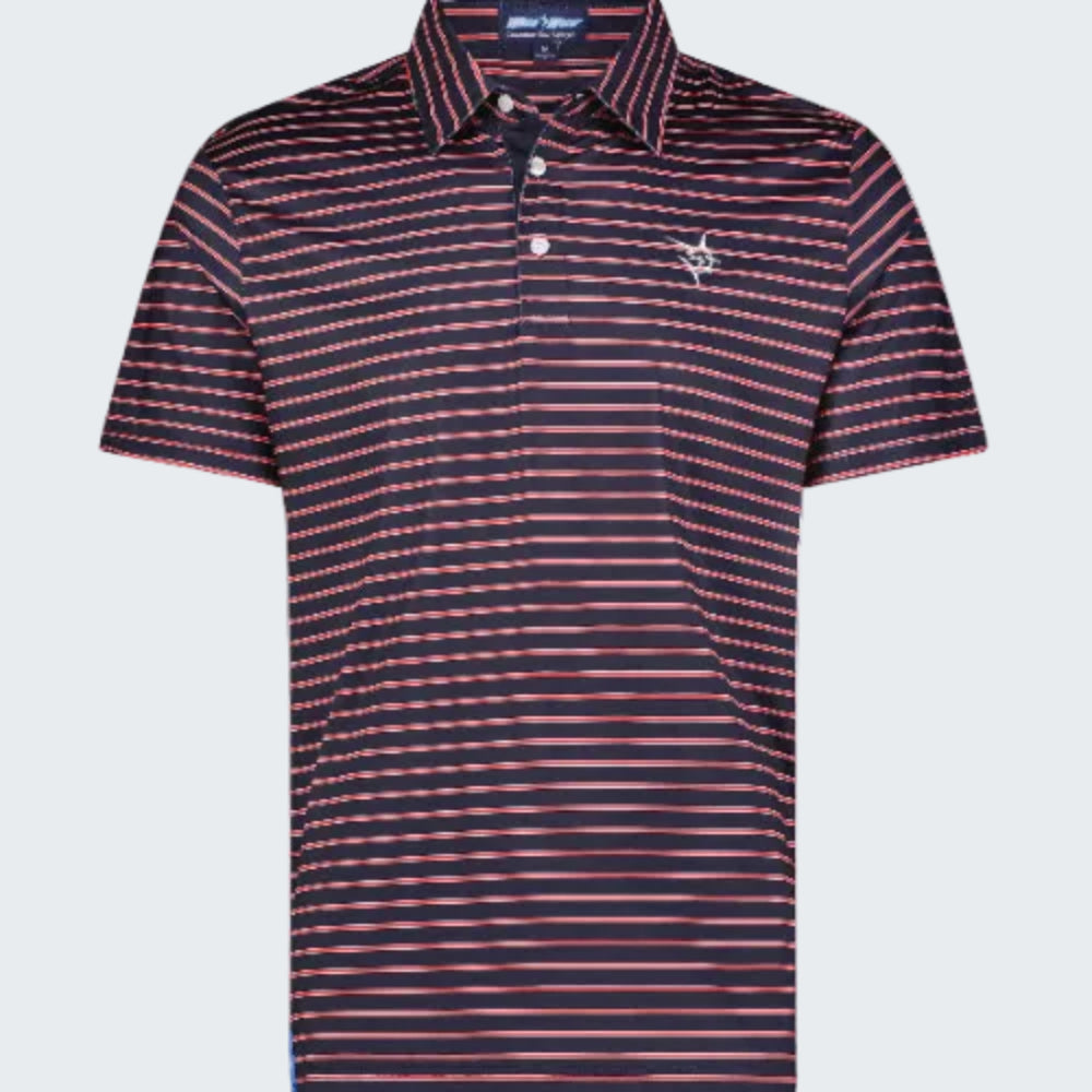 Navy and red striped polo shirt with a logo on a white background