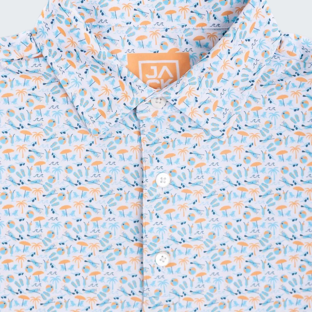 Light blue shirt with orange and white pattern on a white background