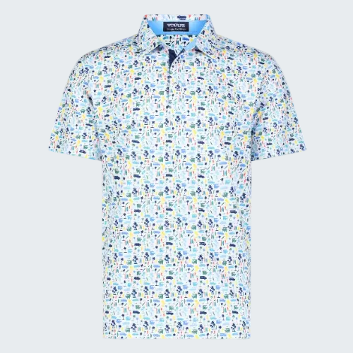 Short-sleeve polo shirt with colorful pattern on a white background