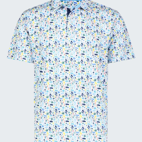 Short-sleeve polo shirt with colorful pattern on a white background
