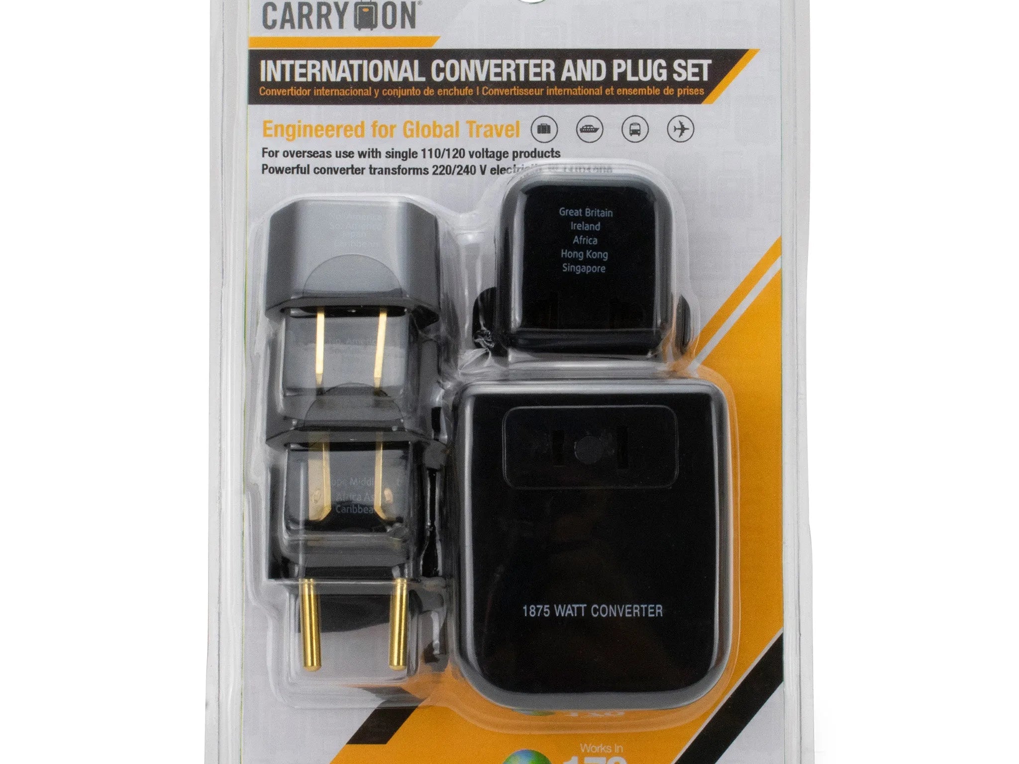 Miami CarryOn international converter and plug set packaging on a white background