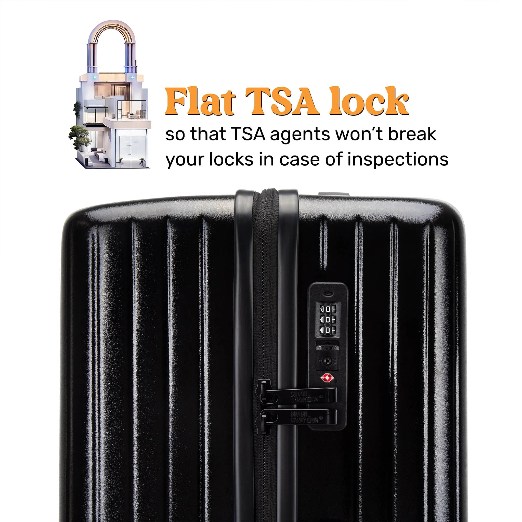 Black suitcase with a flat TSA lock on a white background