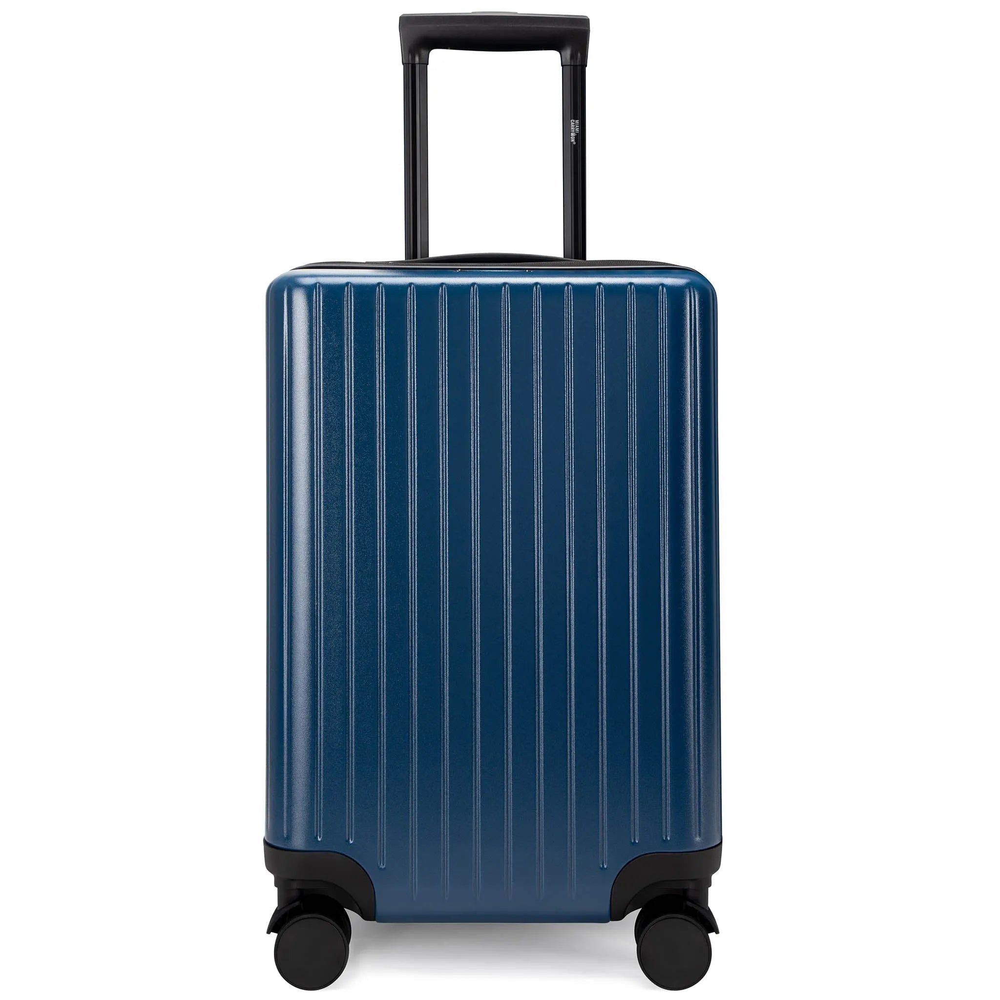 Blue suitcase with a black handle on a white background