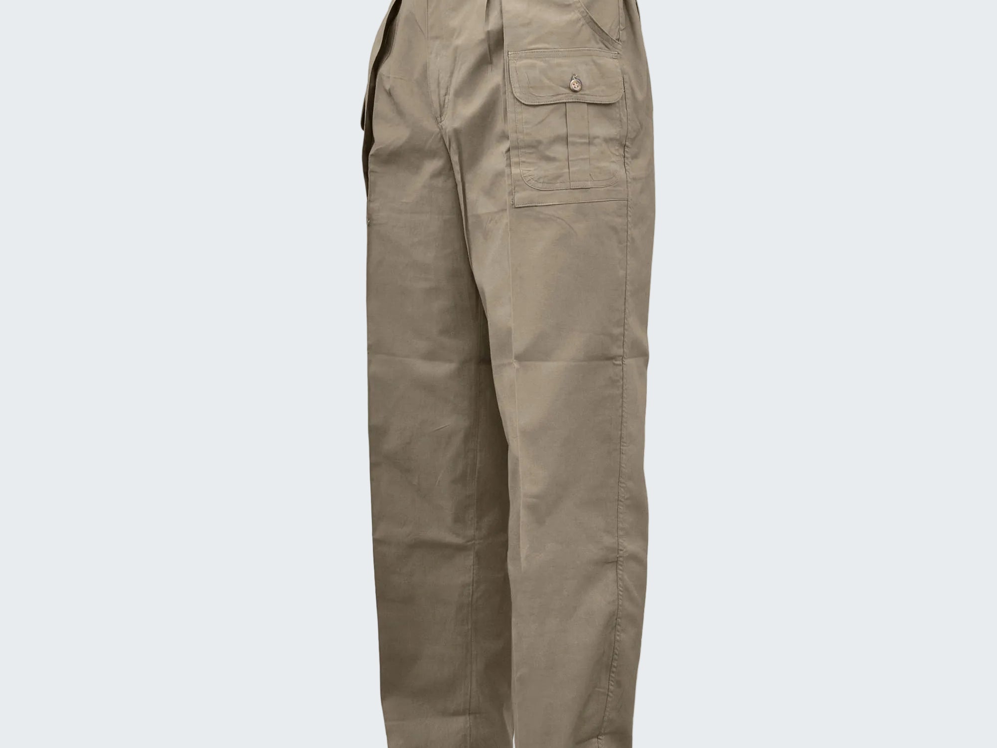 Khaki pants with a belt on a white background