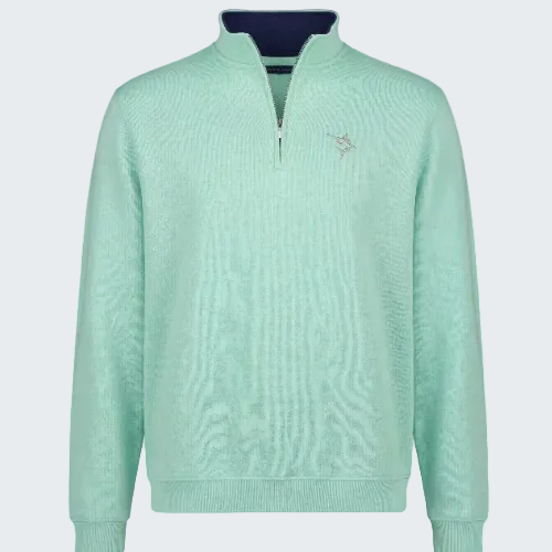Light blue pullover with a small logo on a white background