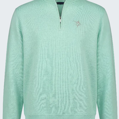 Light blue pullover with a small logo on a white background
