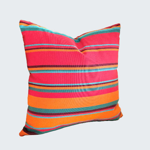 Colorful striped pillow on a beige chair with a blurred green plant in the background