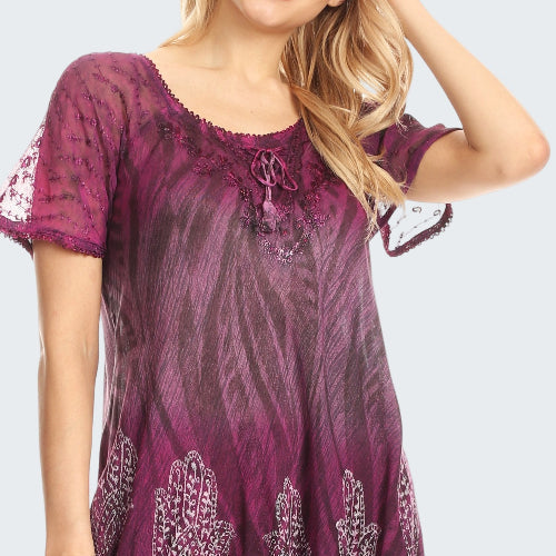 Purple lace top with hamsa hand designs on a white background