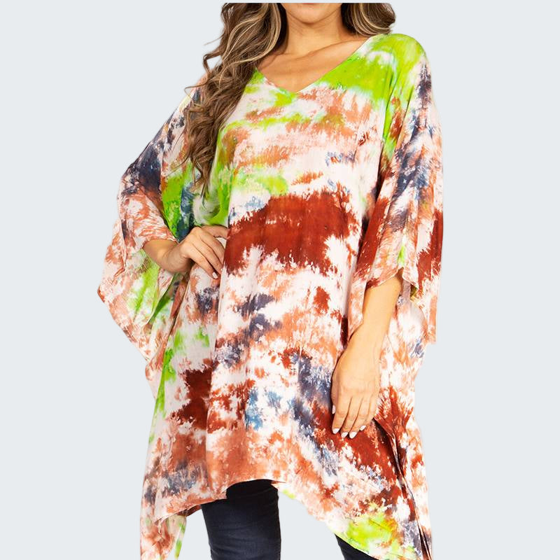 Colorful tie-dye kimono-style top worn by a person on a white background