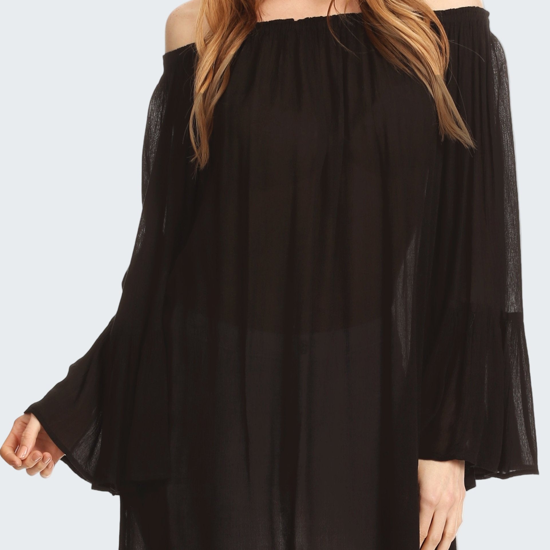 Black off-shoulder blouse worn by a model on a white background