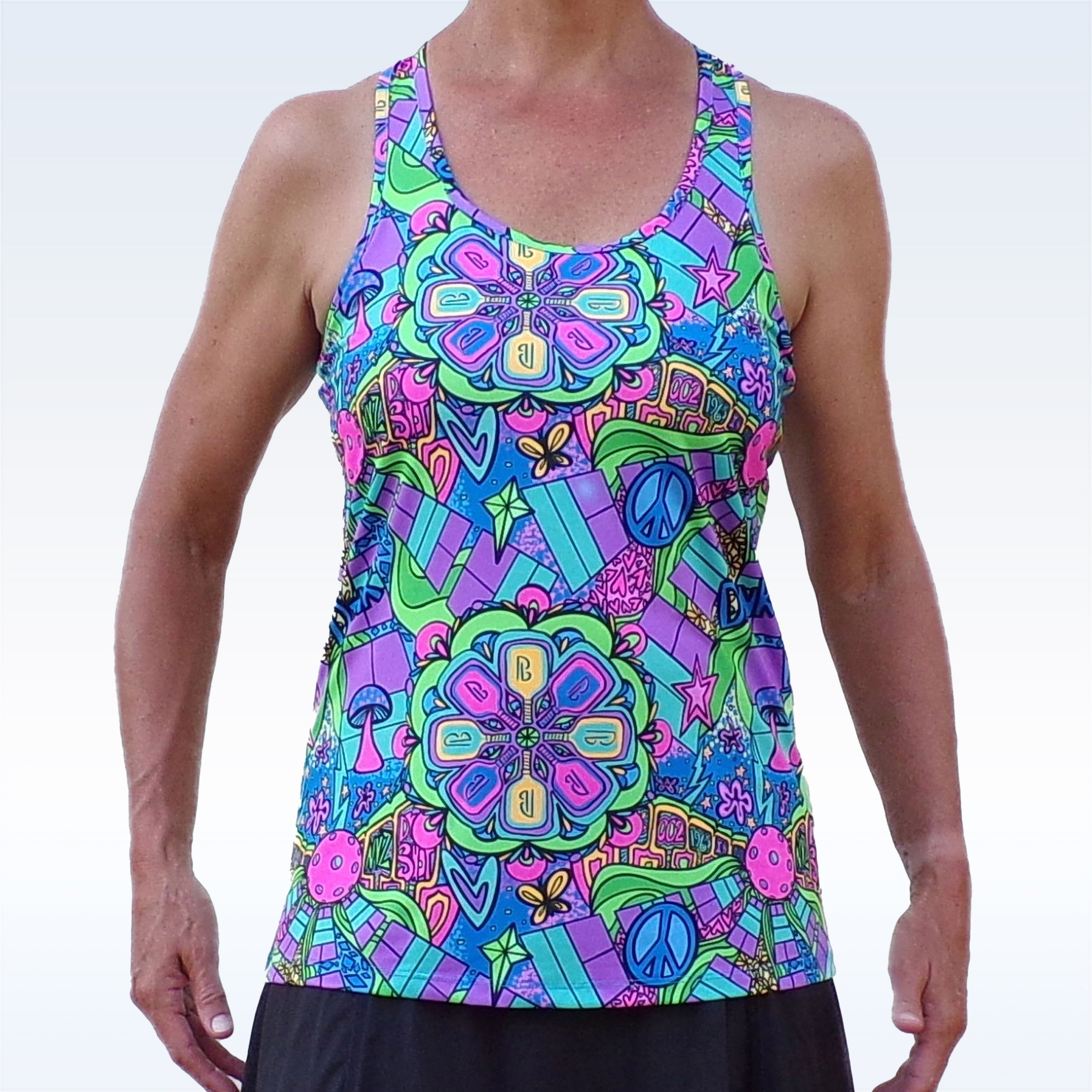 Colorful tank top with abstract patterns on a white background