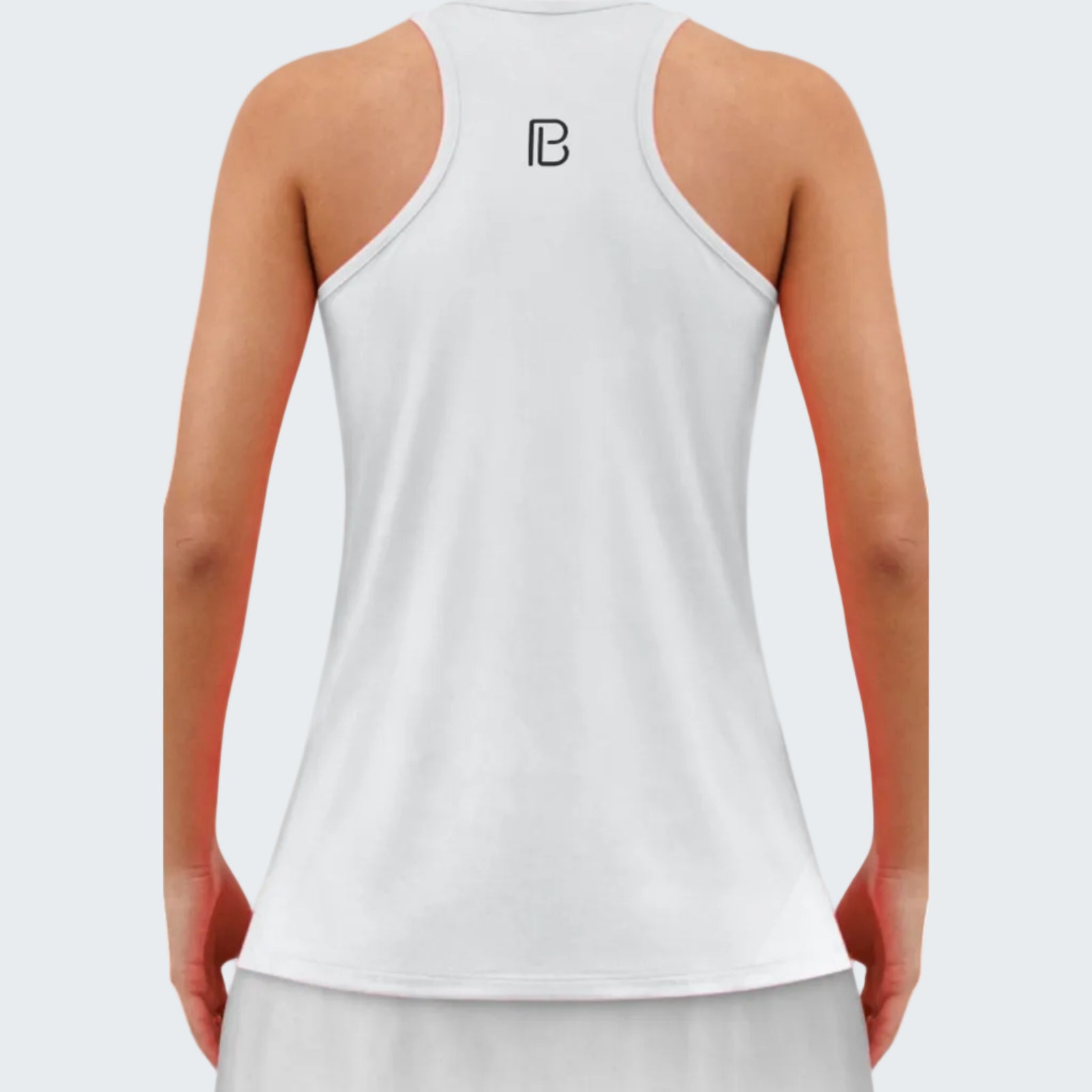 White tank top with a logo on the back, worn by a person.