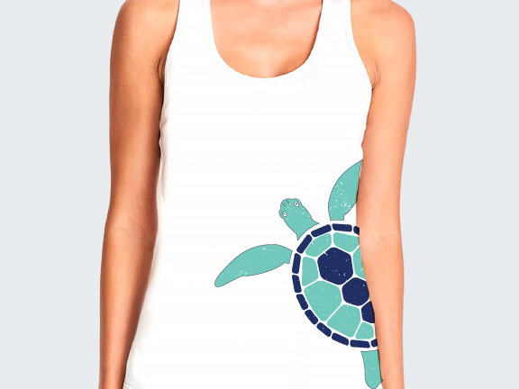 White tank top with a green and blue turtle design on a white background