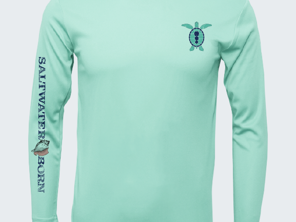 Light blue long-sleeve shirt with turtle design and 'Saltwater Born' text on a white background