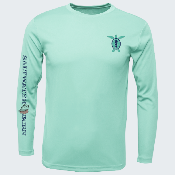 Light blue long-sleeve shirt with turtle design and 'Saltwater Born' text on a white background