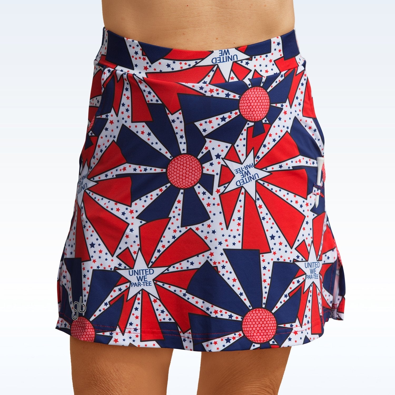 Skirt with red, white, and blue geometric pattern on a plain background