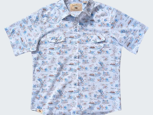 Short-sleeve shirt with a blue and white pattern on a white background