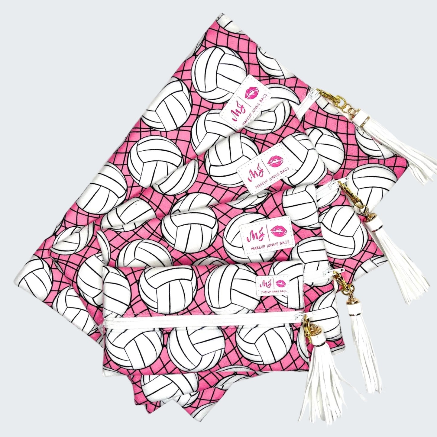 Drawstring bag with volleyball pattern and tassels on a white background