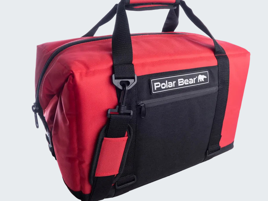 Red and black duffel bag with 'Polar Bear' logo on a white background