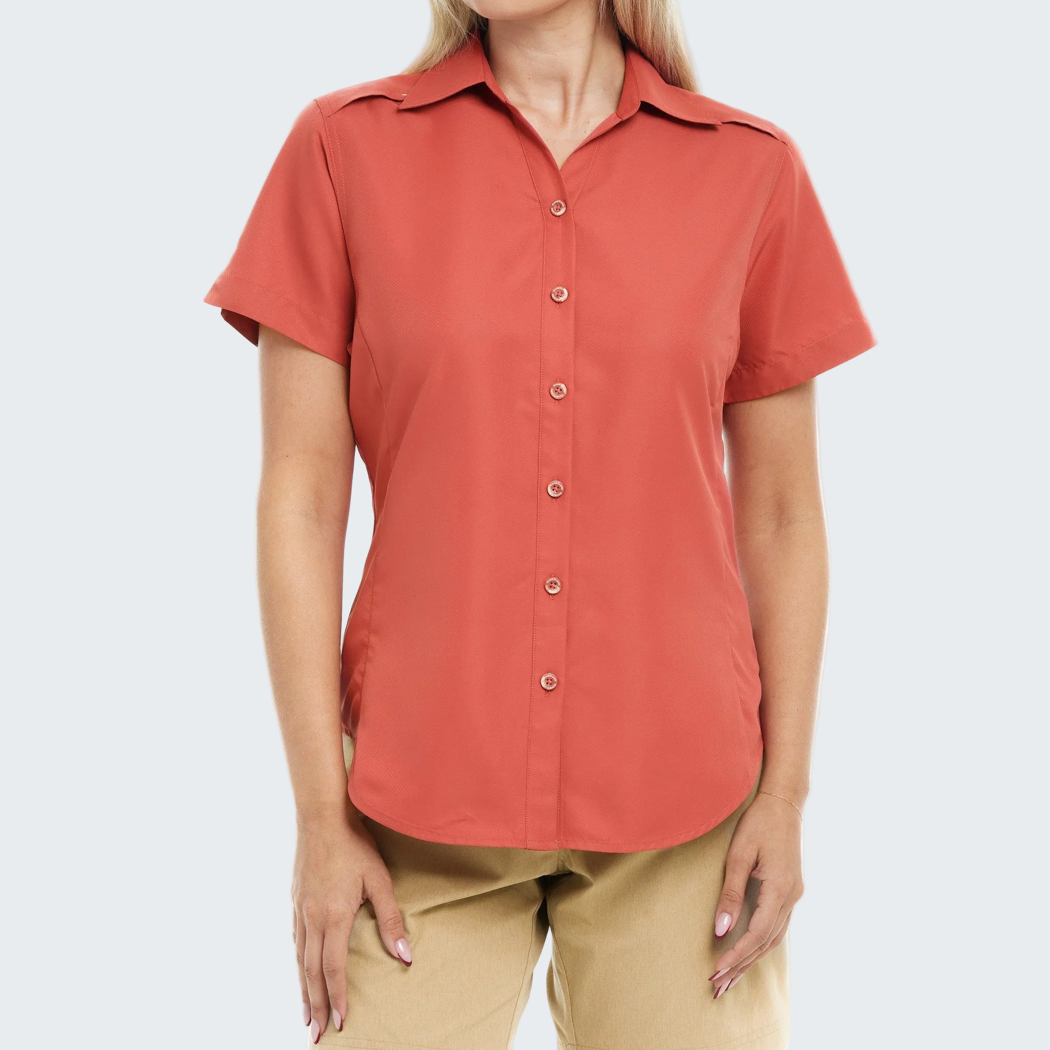 Person wearing a red shirt with a white background